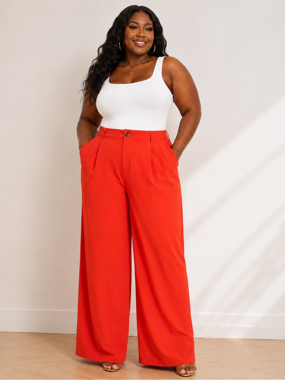 High-Waist Wide Leg Pants in Coral Bright Red